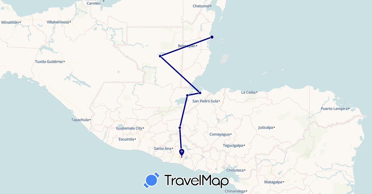 TravelMap itinerary: driving in Belize, Guatemala, El Salvador (North America)